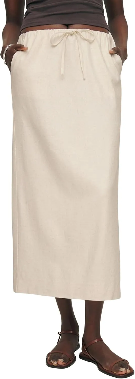 IDEALSANXUN Womens Cotton Linen Skirts Trendy Elastic Waist Drawstring Long Skirts with Slit