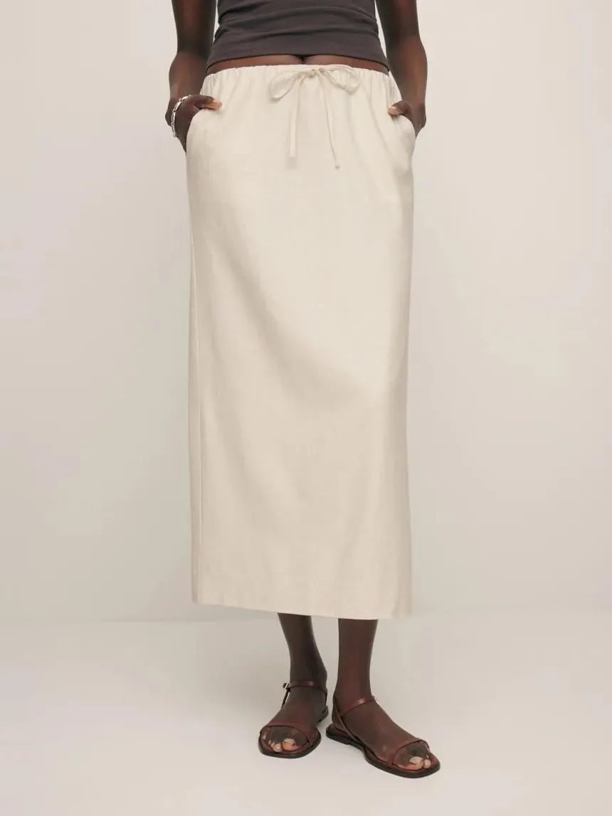 IDEALSANXUN Womens Cotton Linen Skirts Trendy Elastic Waist Drawstring Long Skirts with Slit