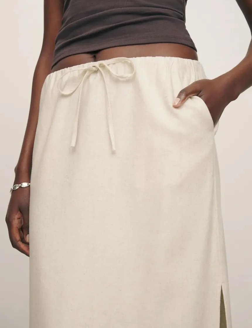 IDEALSANXUN Womens Cotton Linen Skirts Trendy Elastic Waist Drawstring Long Skirts with Slit