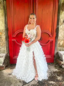 Ivory 3D Flower Wedding Dresses With Slit Rustic Cheap Bridal Gowns EWR155