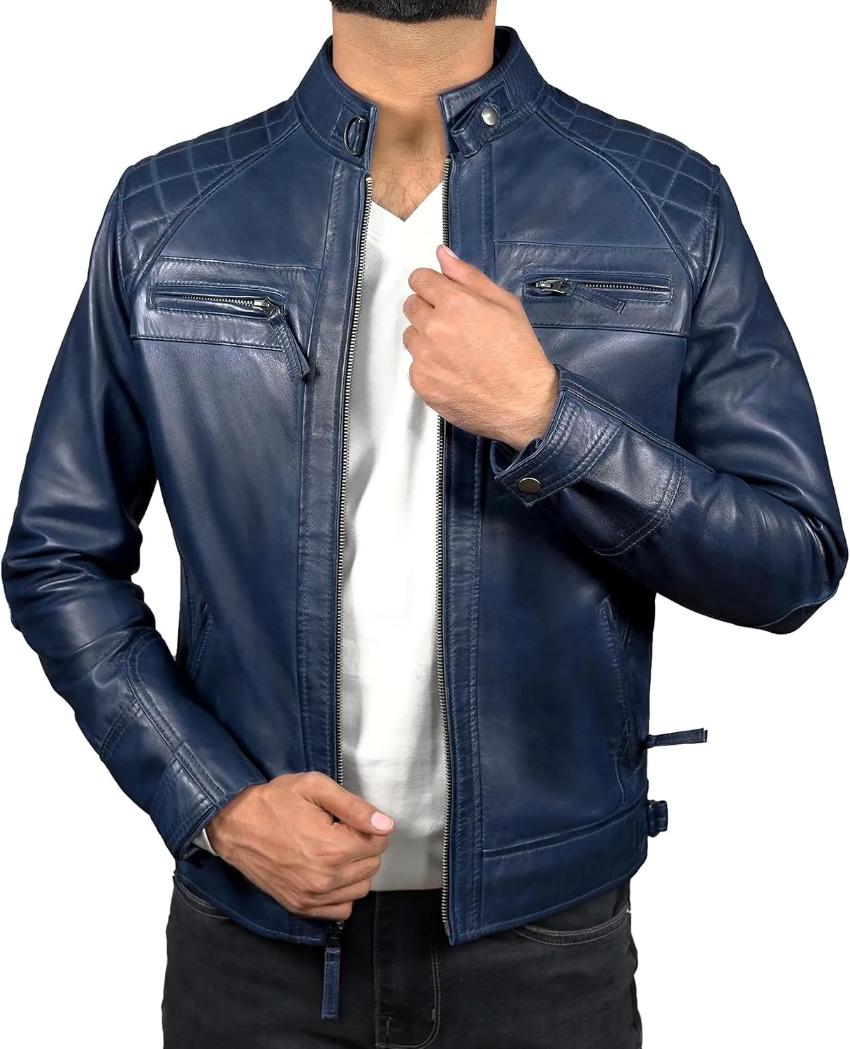 Leather Jacket Men - Cafe Racer Mens Jackets Casual Stylish Motorcycle Jacket - Lambskin Men's Biker Leather Jackets For Men