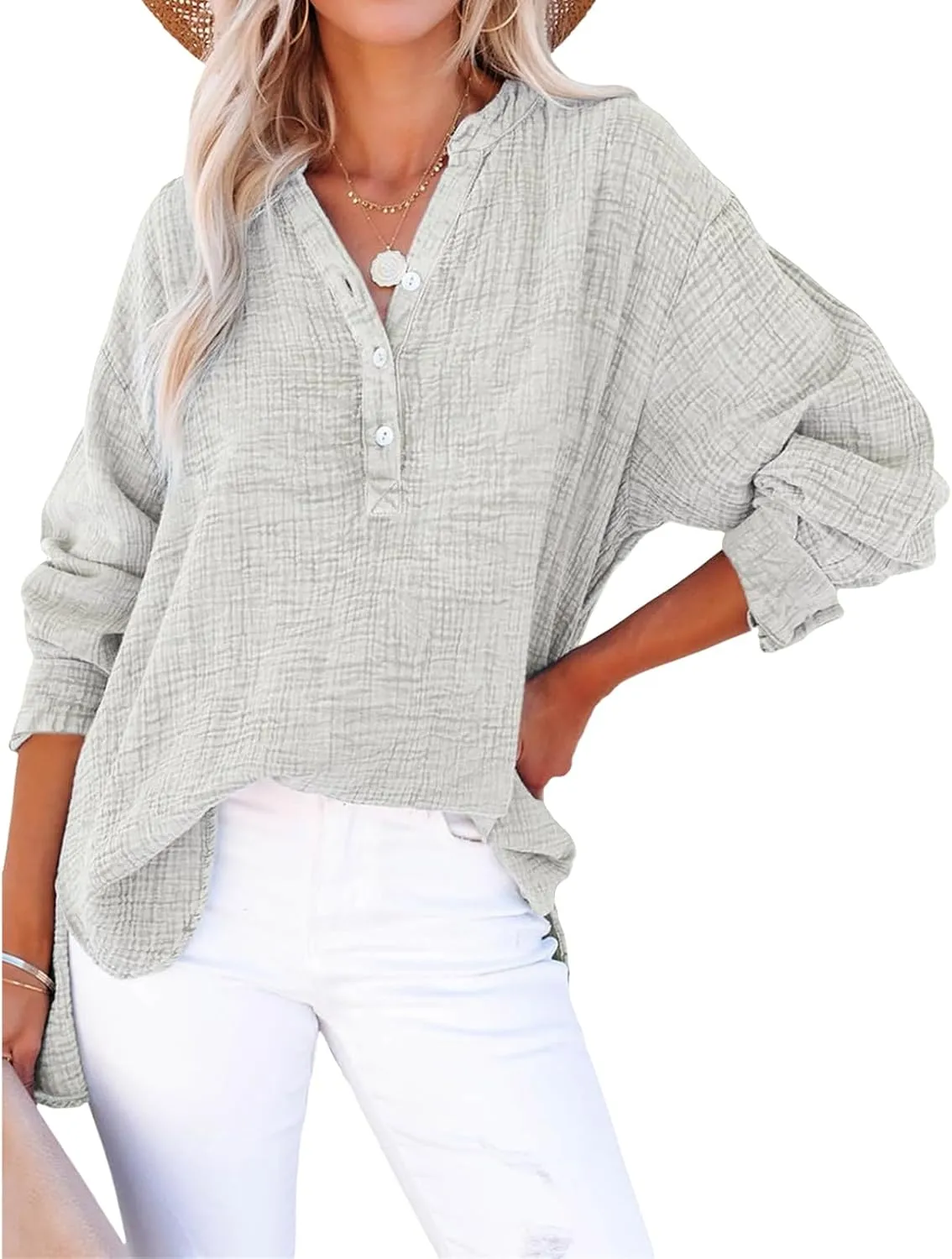 Linen Shirts for Women Casual Button V Neck Long Sleeve Shirts Oversized Dressy Solid Blouses Tops Trendy Summer