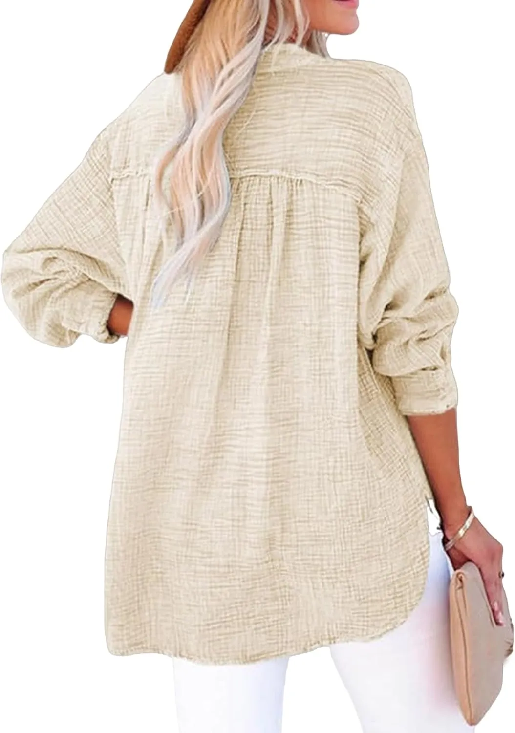 Linen Shirts for Women Casual Button V Neck Long Sleeve Shirts Oversized Dressy Solid Blouses Tops Trendy Summer