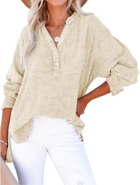 Linen Shirts for Women Casual Button V Neck Long Sleeve Shirts Oversized Dressy Solid Blouses Tops Trendy Summer