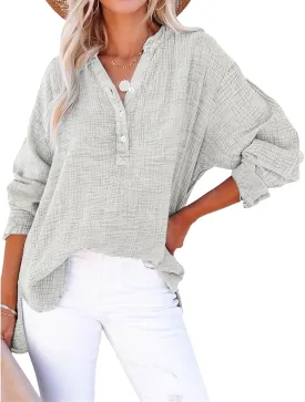 Linen Shirts for Women Casual Button V Neck Long Sleeve Shirts Oversized Dressy Solid Blouses Tops Trendy Summer