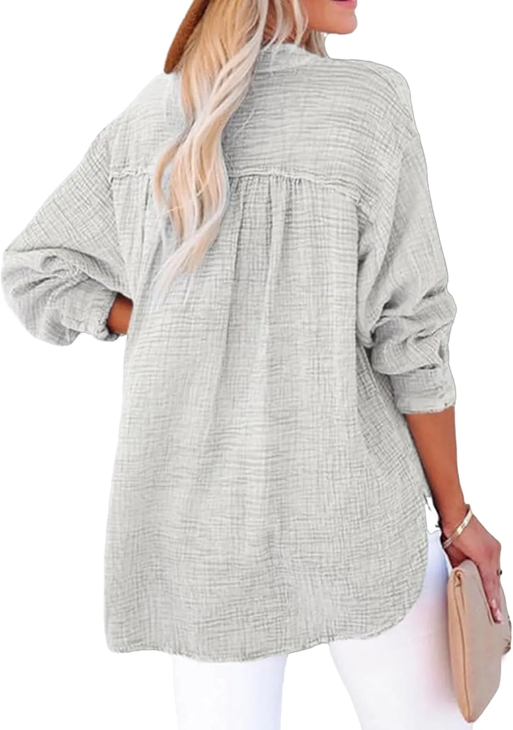 Linen Shirts for Women Casual Button V Neck Long Sleeve Shirts Oversized Dressy Solid Blouses Tops Trendy Summer