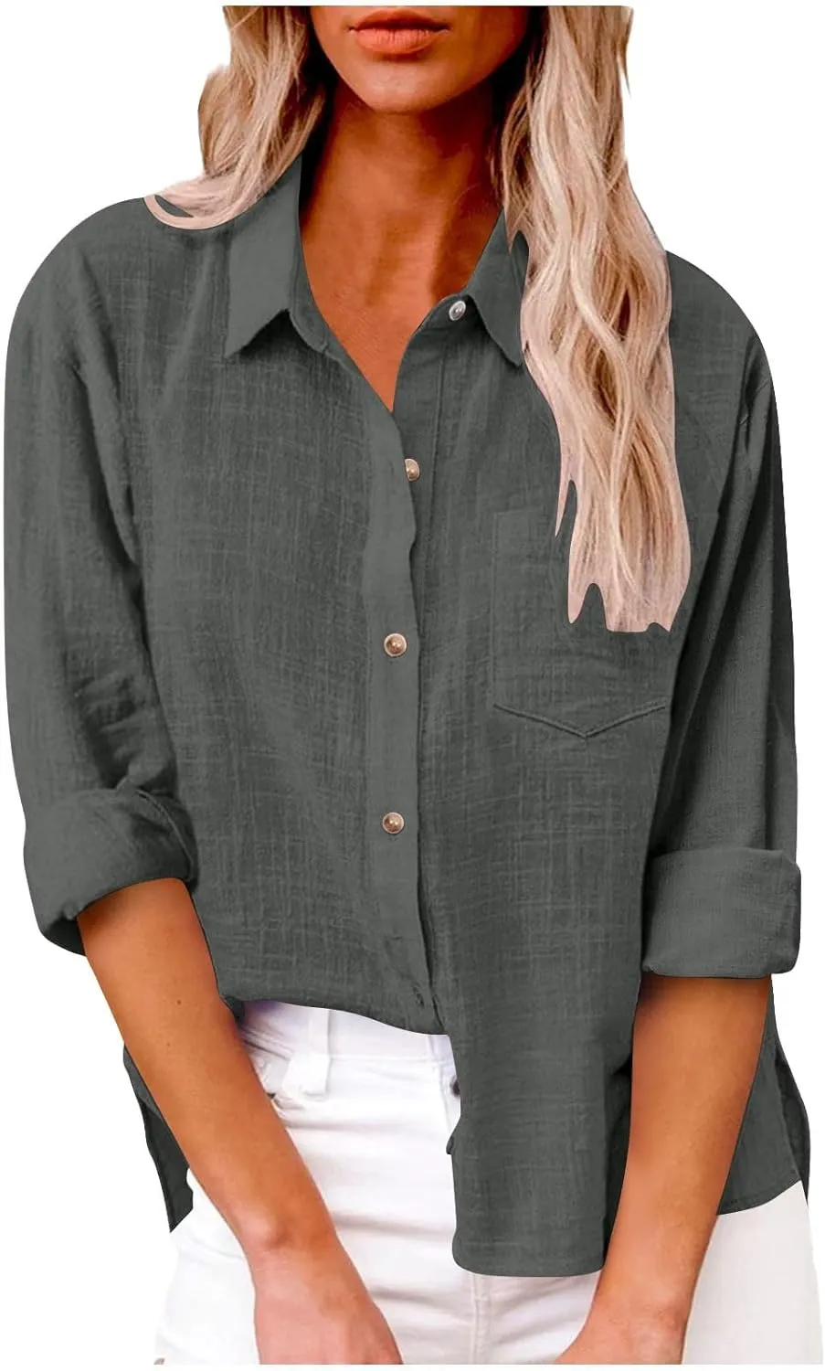 Linen Shirts for Women Summer Long Sleeve Lapel Button Down Shirt Lightweight Gauze Tops Loose Casual Blouses