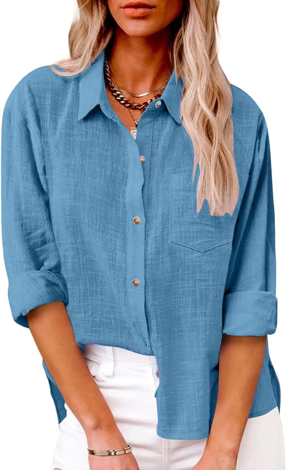 Linen Shirts for Women Summer Long Sleeve Lapel Button Down Shirt Lightweight Gauze Tops Loose Casual Blouses