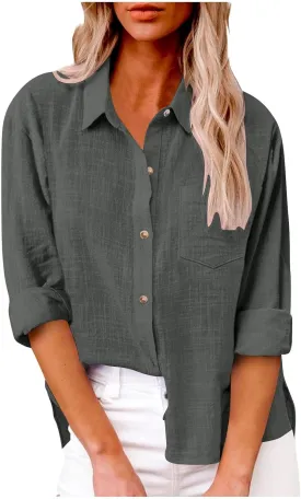 Linen Shirts for Women Summer Long Sleeve Lapel Button Down Shirt Lightweight Gauze Tops Loose Casual Blouses
