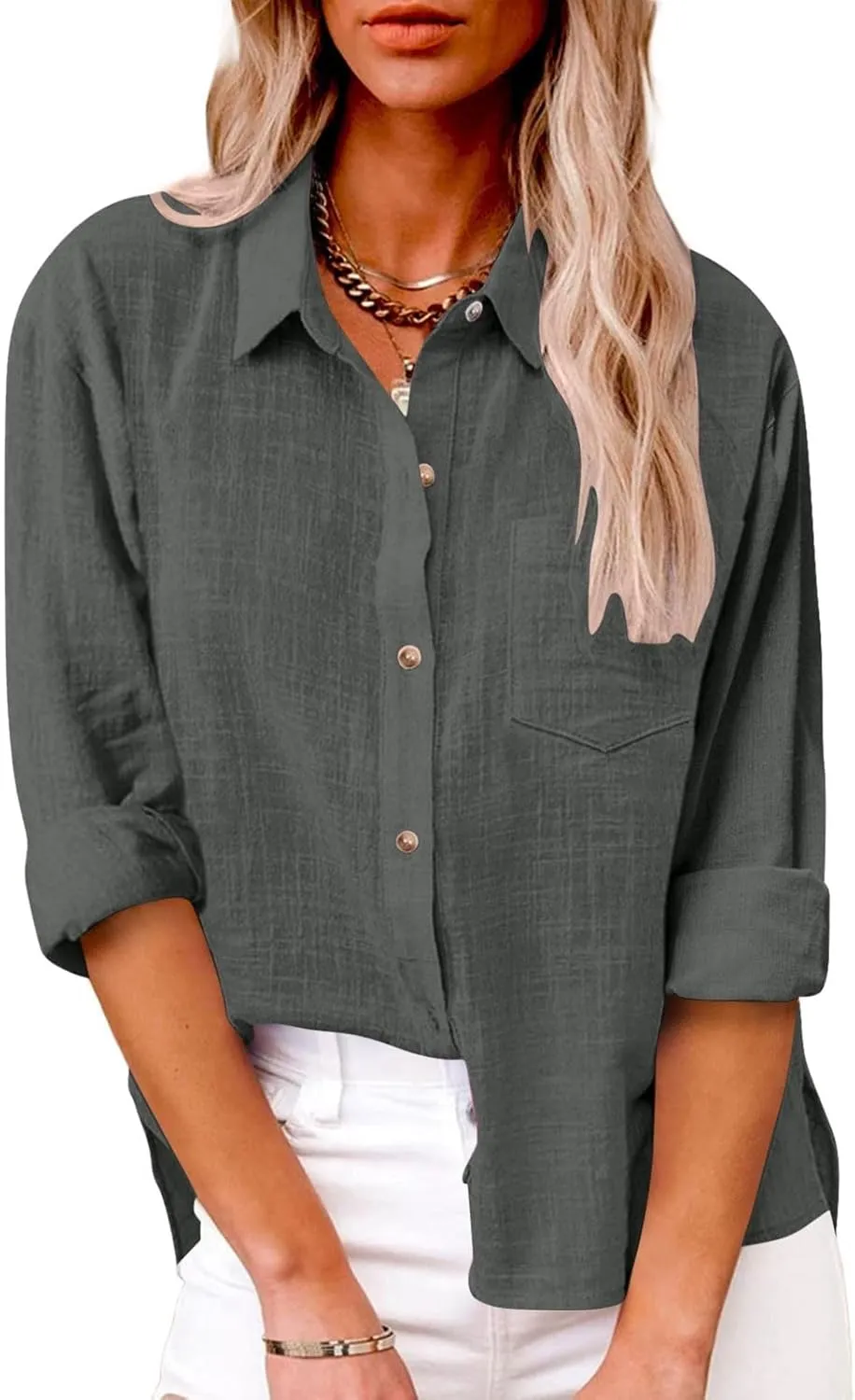 Linen Shirts for Women Summer Long Sleeve Lapel Button Down Shirt Lightweight Gauze Tops Loose Casual Blouses