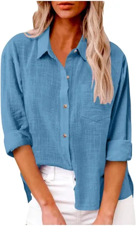 Linen Shirts for Women Summer Long Sleeve Lapel Button Down Shirt Lightweight Gauze Tops Loose Casual Blouses