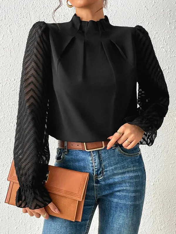 Long Sleeves Loose Elasticity Mesh Pleated Solid Color Mock Neck Blouses&Shirts Tops