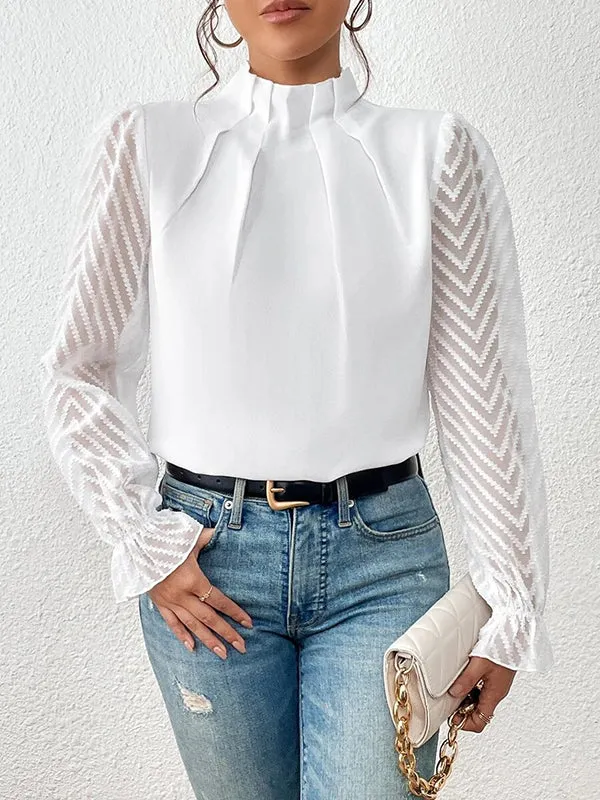 Long Sleeves Loose Elasticity Mesh Pleated Solid Color Mock Neck Blouses&Shirts Tops