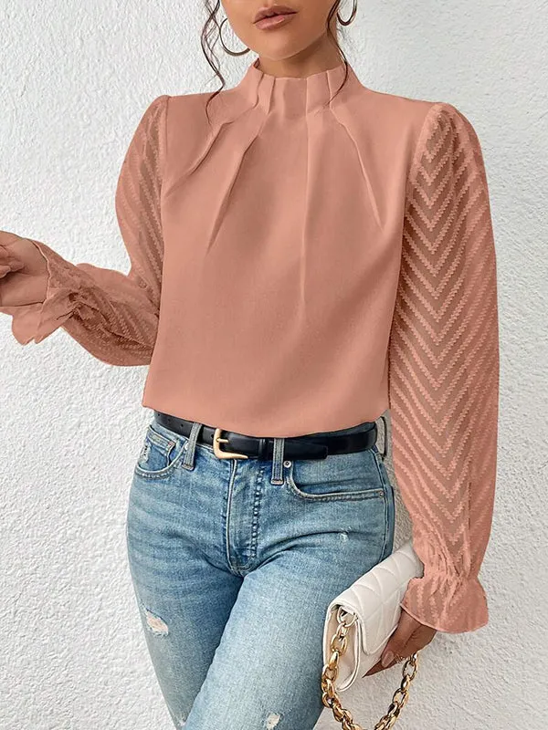 Long Sleeves Loose Elasticity Mesh Pleated Solid Color Mock Neck Blouses&Shirts Tops