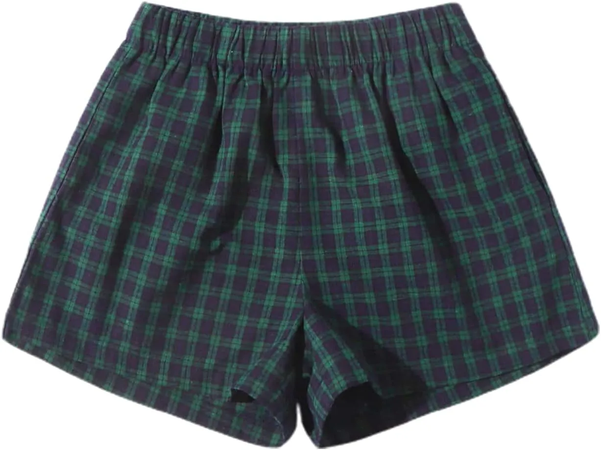 MakeMeChic Women's Elastic Waisted Plaid Shorts Lounge Pajama Shorts