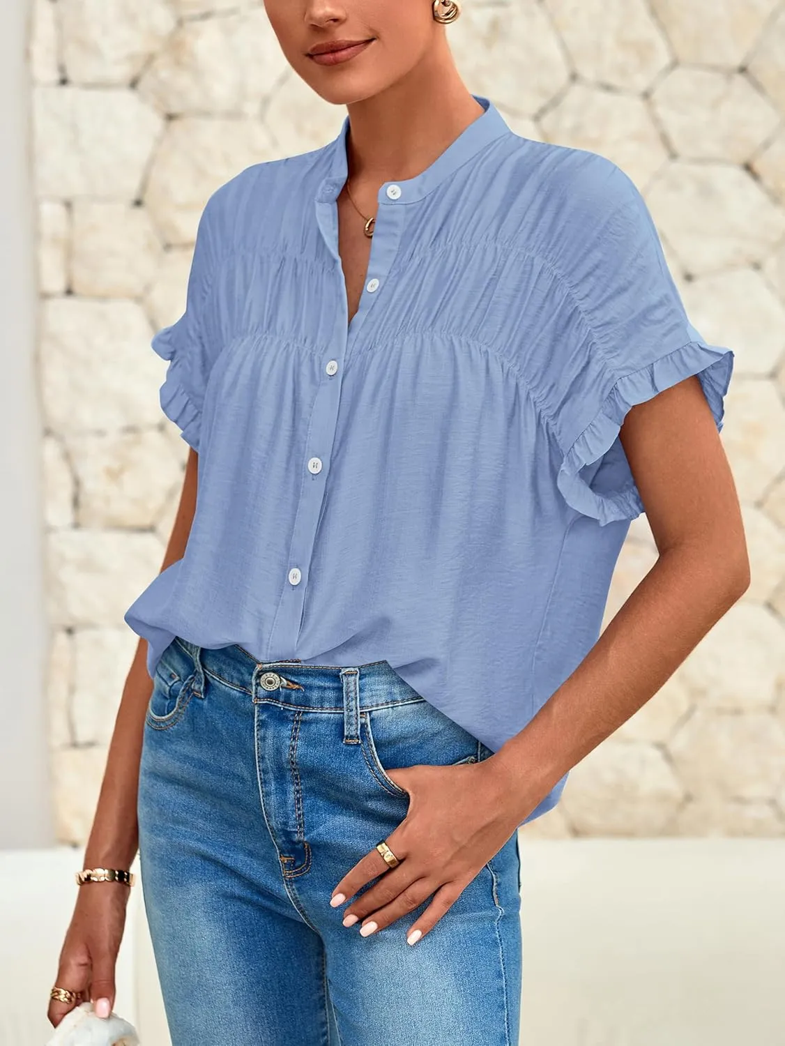 MASCOMODA Womens 2025 Button Down Shirts Ruffle Short Sleeve Loose Summer Tops Dressy Casual V Neck Business Work Blouses