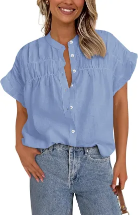 MASCOMODA Womens 2025 Button Down Shirts Ruffle Short Sleeve Loose Summer Tops Dressy Casual V Neck Business Work Blouses