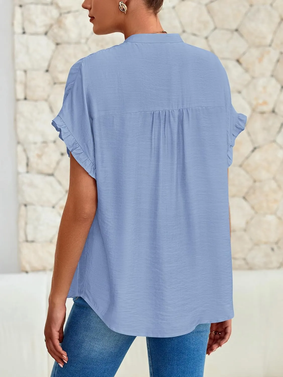MASCOMODA Womens 2025 Button Down Shirts Ruffle Short Sleeve Loose Summer Tops Dressy Casual V Neck Business Work Blouses