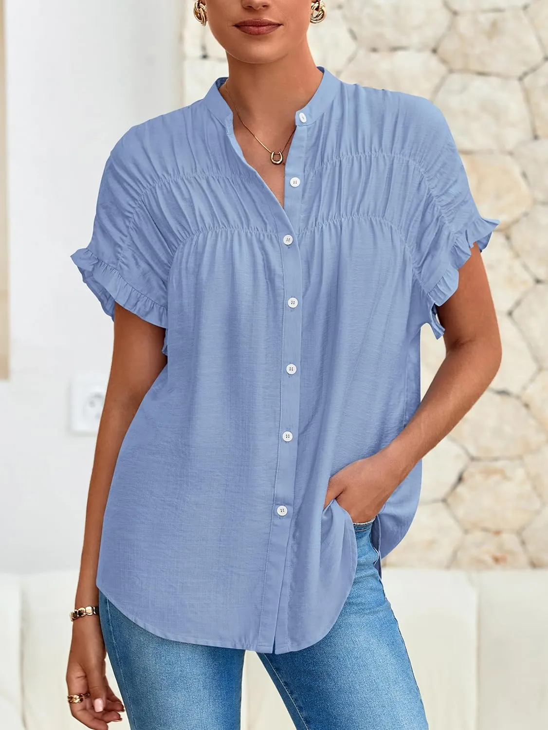 MASCOMODA Womens 2025 Button Down Shirts Ruffle Short Sleeve Loose Summer Tops Dressy Casual V Neck Business Work Blouses