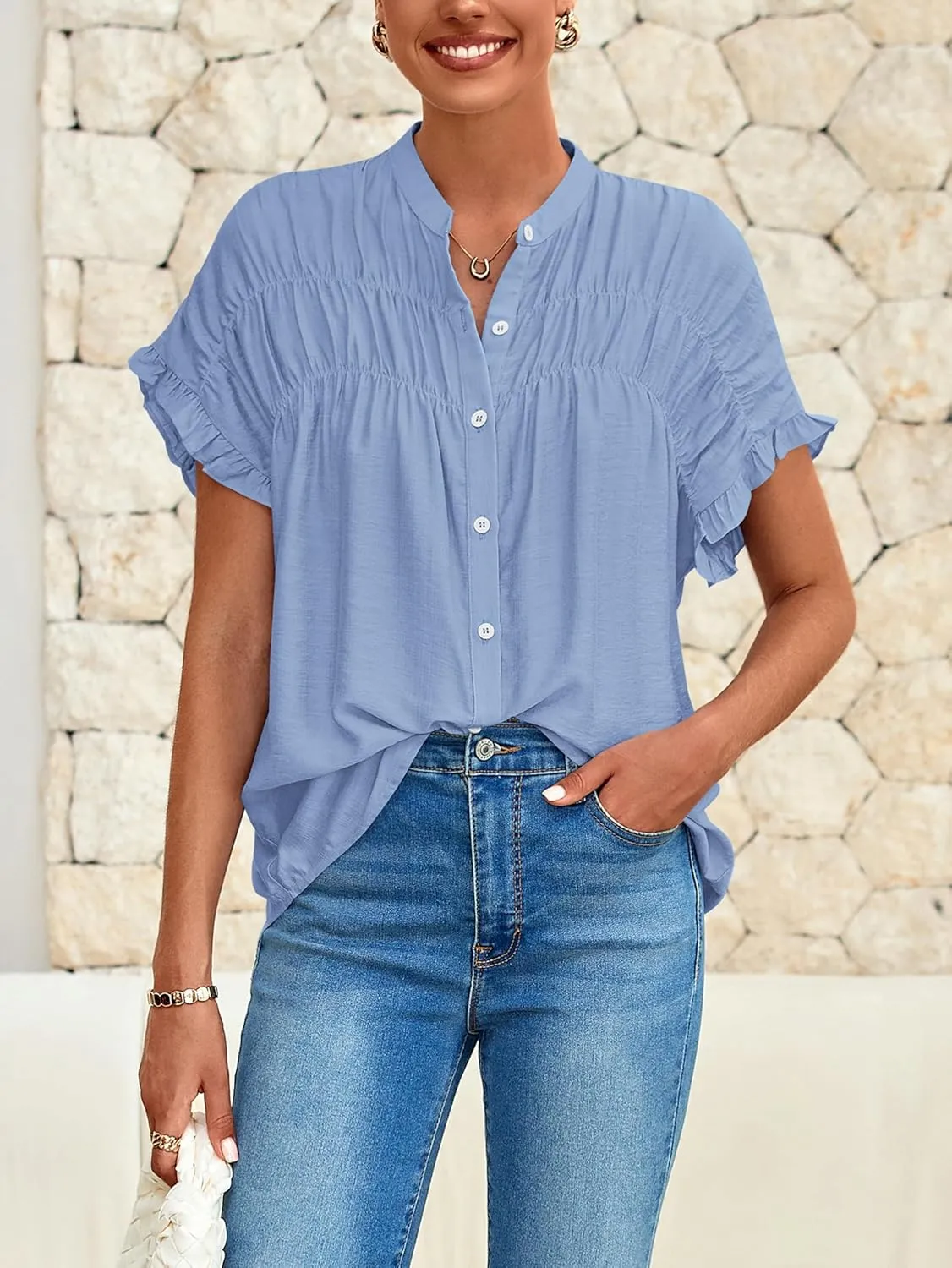 MASCOMODA Womens 2025 Button Down Shirts Ruffle Short Sleeve Loose Summer Tops Dressy Casual V Neck Business Work Blouses