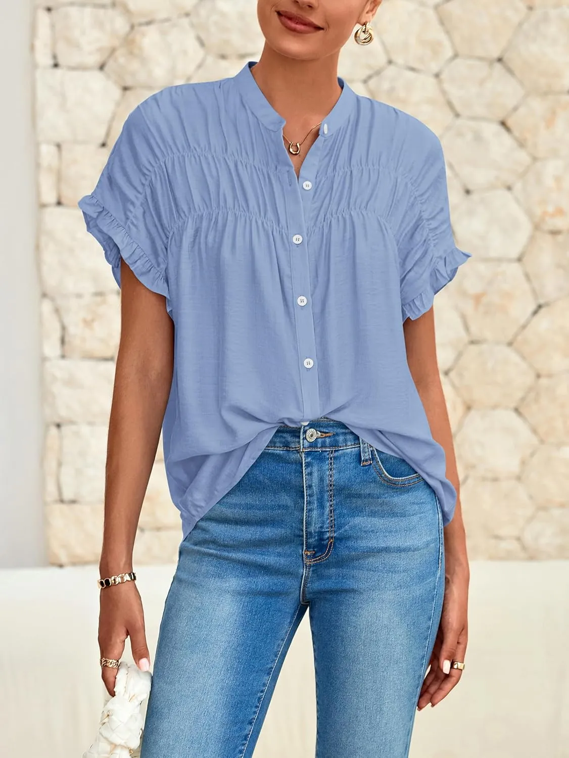 MASCOMODA Womens 2025 Button Down Shirts Ruffle Short Sleeve Loose Summer Tops Dressy Casual V Neck Business Work Blouses