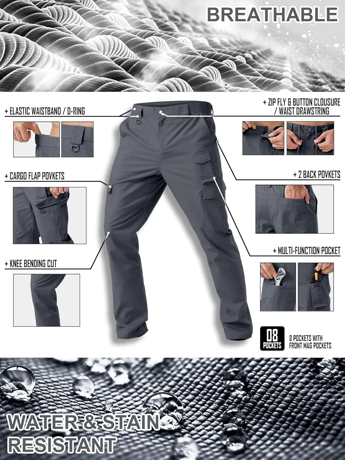 Men's Cargo Work Pants Water Resistant Tactical Pants 31.1" Lightweight Hiking Ripstop Pants Outdoor Apparel