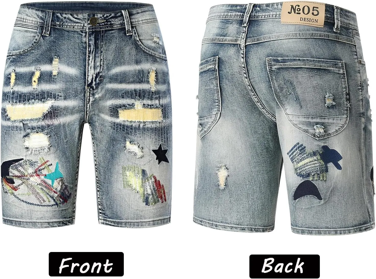 Men's Embroidery Ripped Denim Shorts & Jeans Summer Casual Classic Straight Distressed Ripped Short Jeans