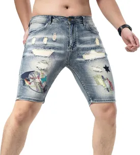 Men's Embroidery Ripped Denim Shorts & Jeans Summer Casual Classic Straight Distressed Ripped Short Jeans