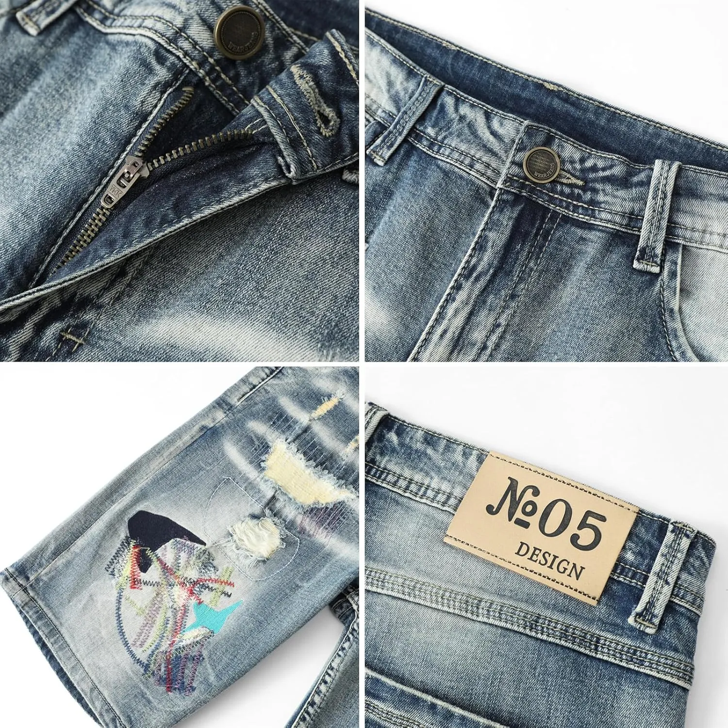 Men's Embroidery Ripped Denim Shorts & Jeans Summer Casual Classic Straight Distressed Ripped Short Jeans