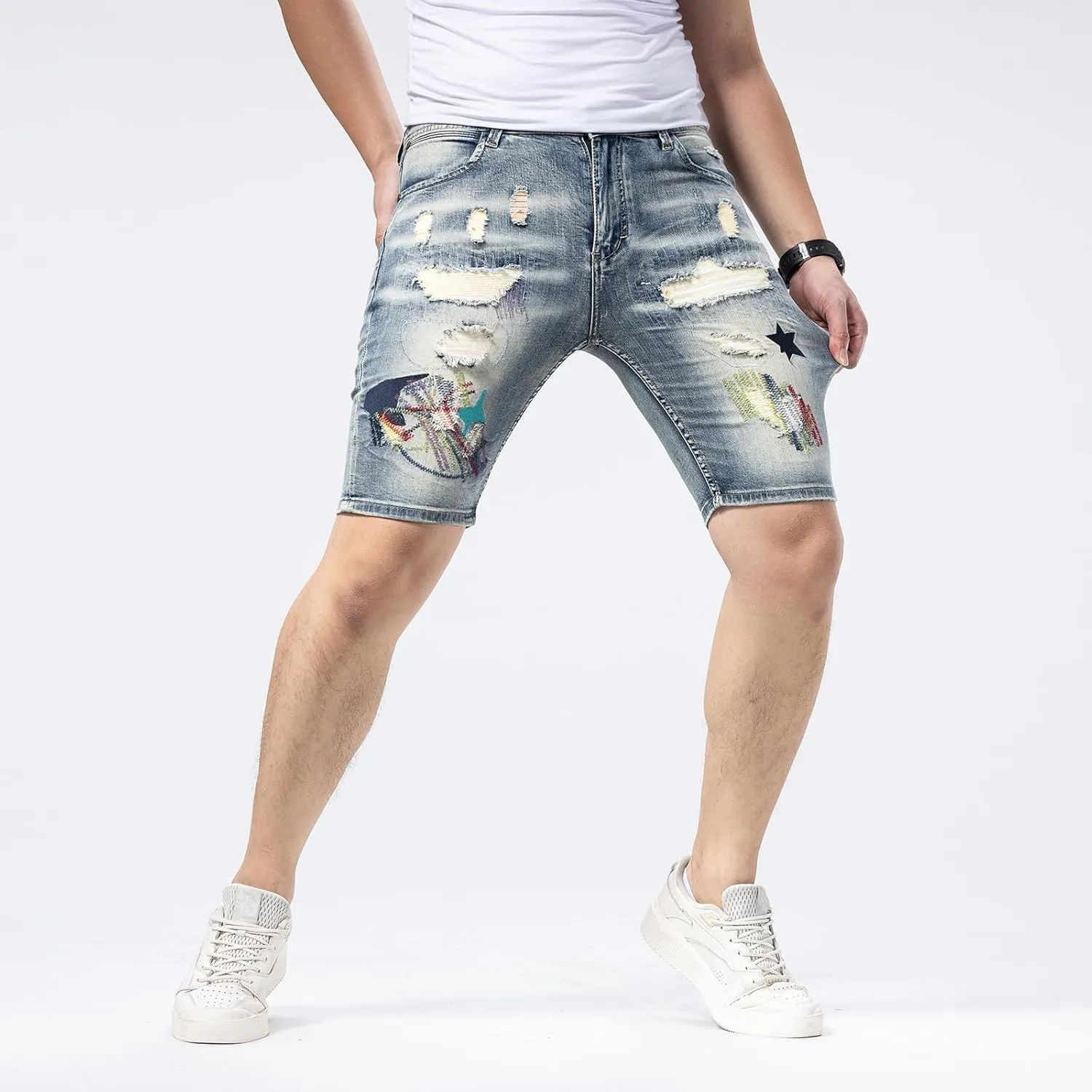 Men's Embroidery Ripped Denim Shorts & Jeans Summer Casual Classic Straight Distressed Ripped Short Jeans