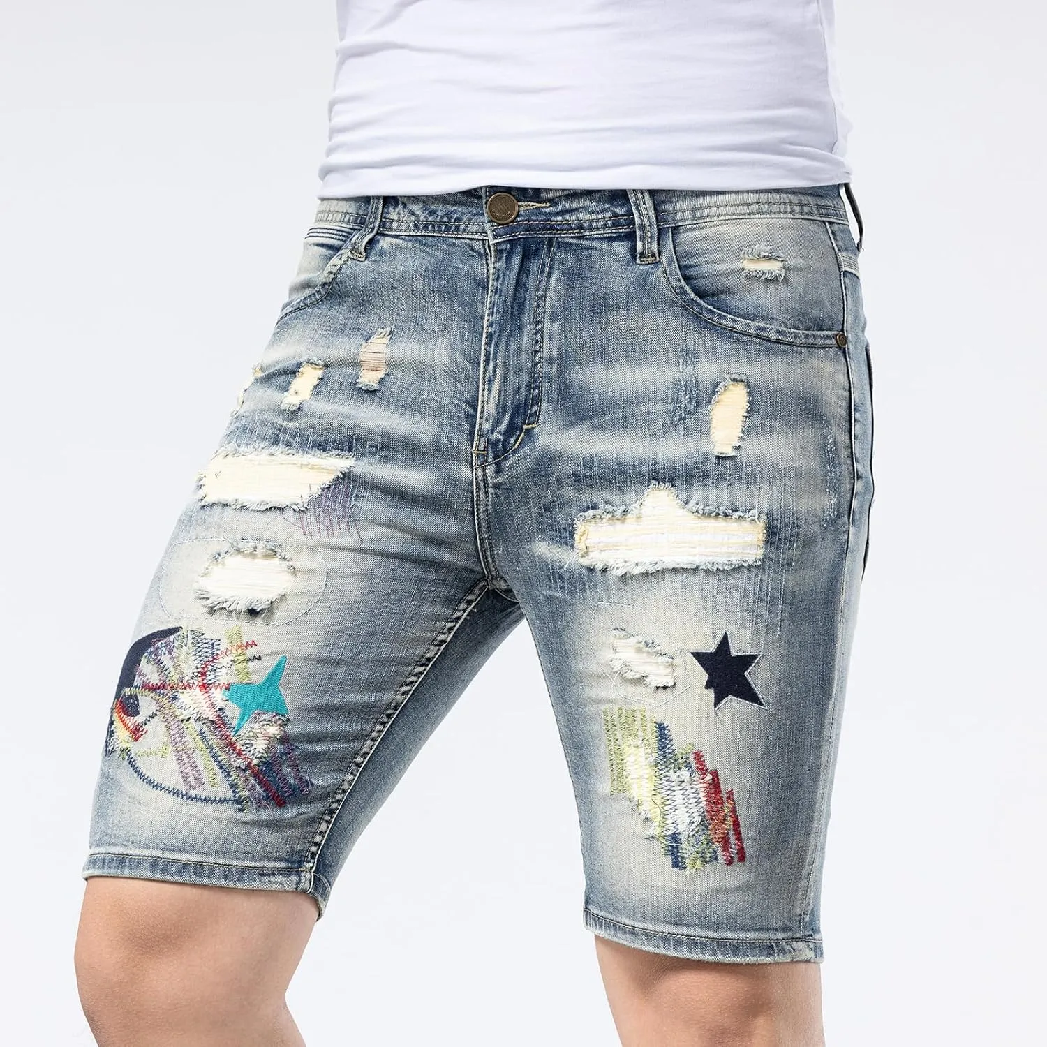 Men's Embroidery Ripped Denim Shorts & Jeans Summer Casual Classic Straight Distressed Ripped Short Jeans