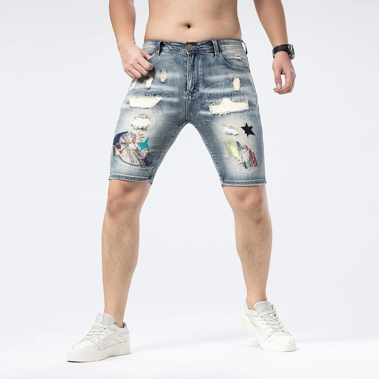 Men's Embroidery Ripped Denim Shorts & Jeans Summer Casual Classic Straight Distressed Ripped Short Jeans
