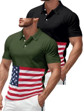 Men's Polo Shirts 2 Pack Print American Flag Short Sleeve Performance Golf Shirts Moisture Wicking Work Shirts