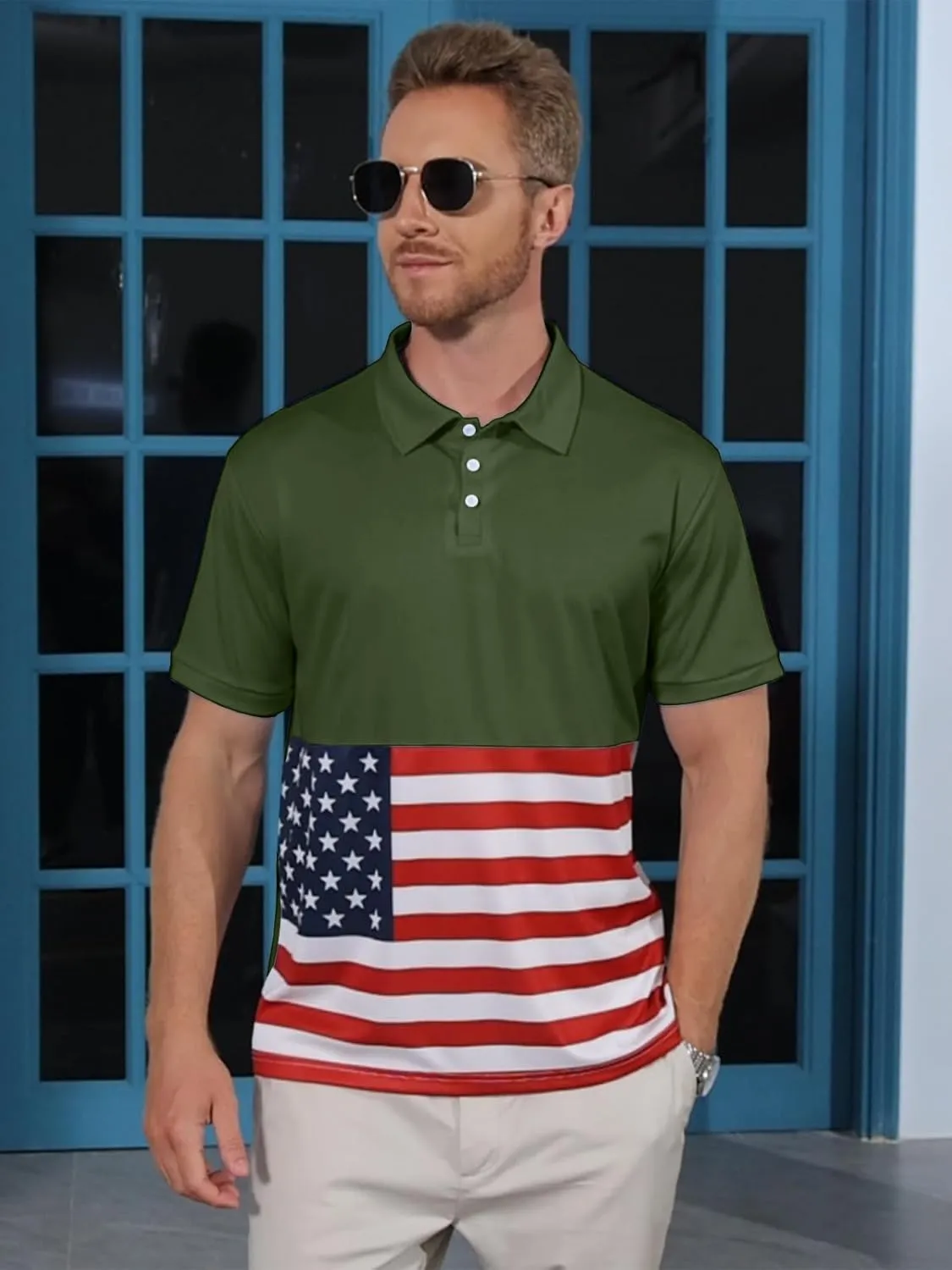 Men's Polo Shirts 2 Pack Print American Flag Short Sleeve Performance Golf Shirts Moisture Wicking Work Shirts