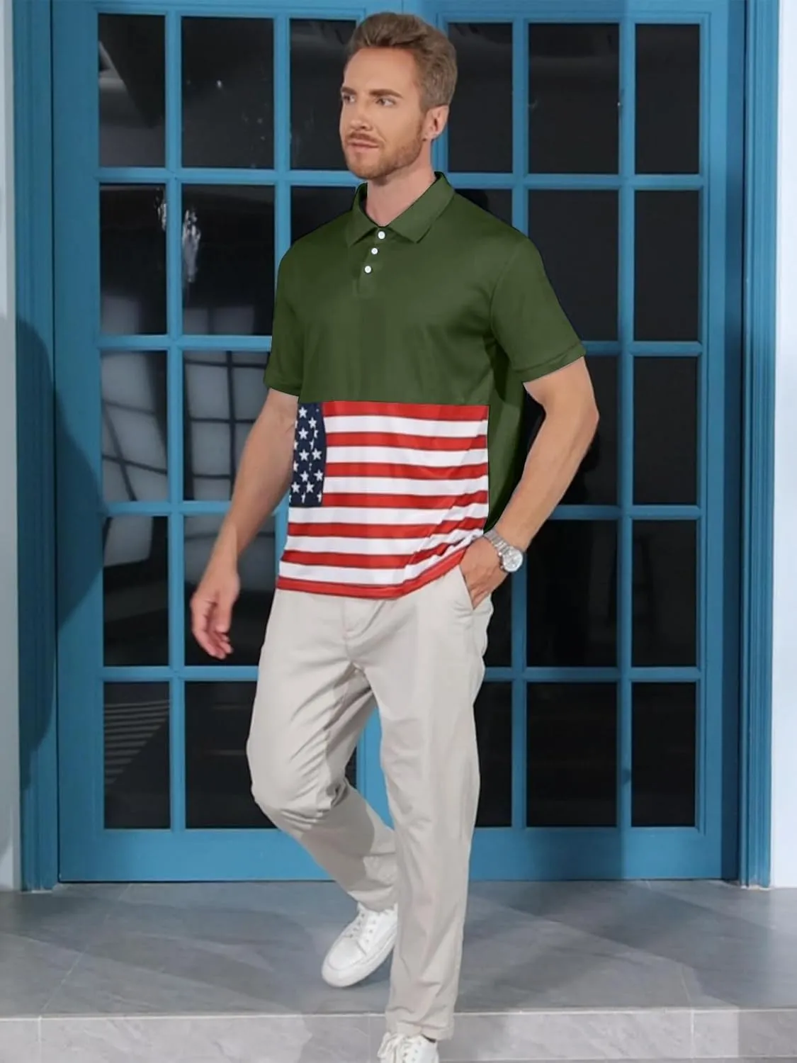 Men's Polo Shirts 2 Pack Print American Flag Short Sleeve Performance Golf Shirts Moisture Wicking Work Shirts