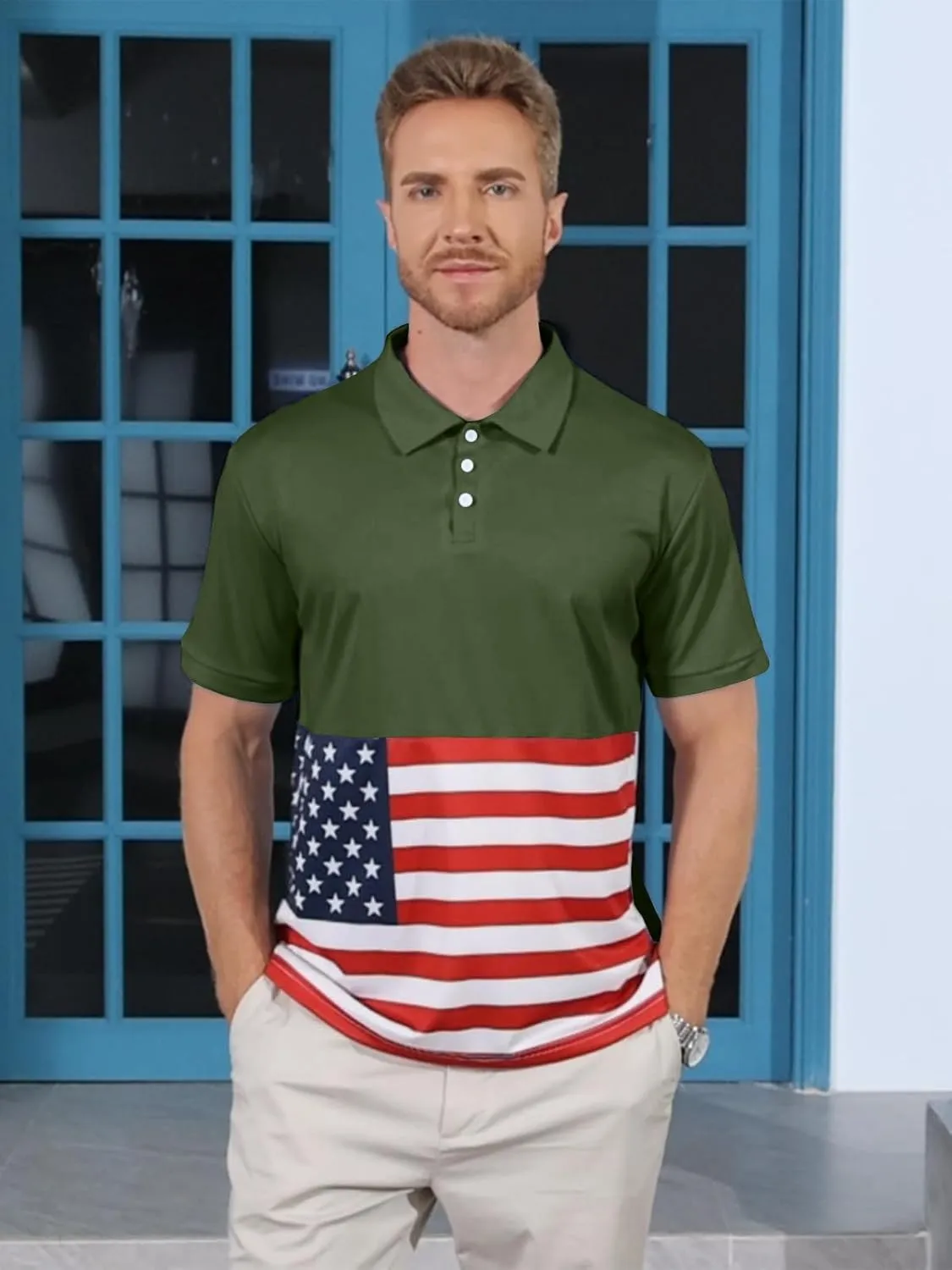 Men's Polo Shirts 2 Pack Print American Flag Short Sleeve Performance Golf Shirts Moisture Wicking Work Shirts