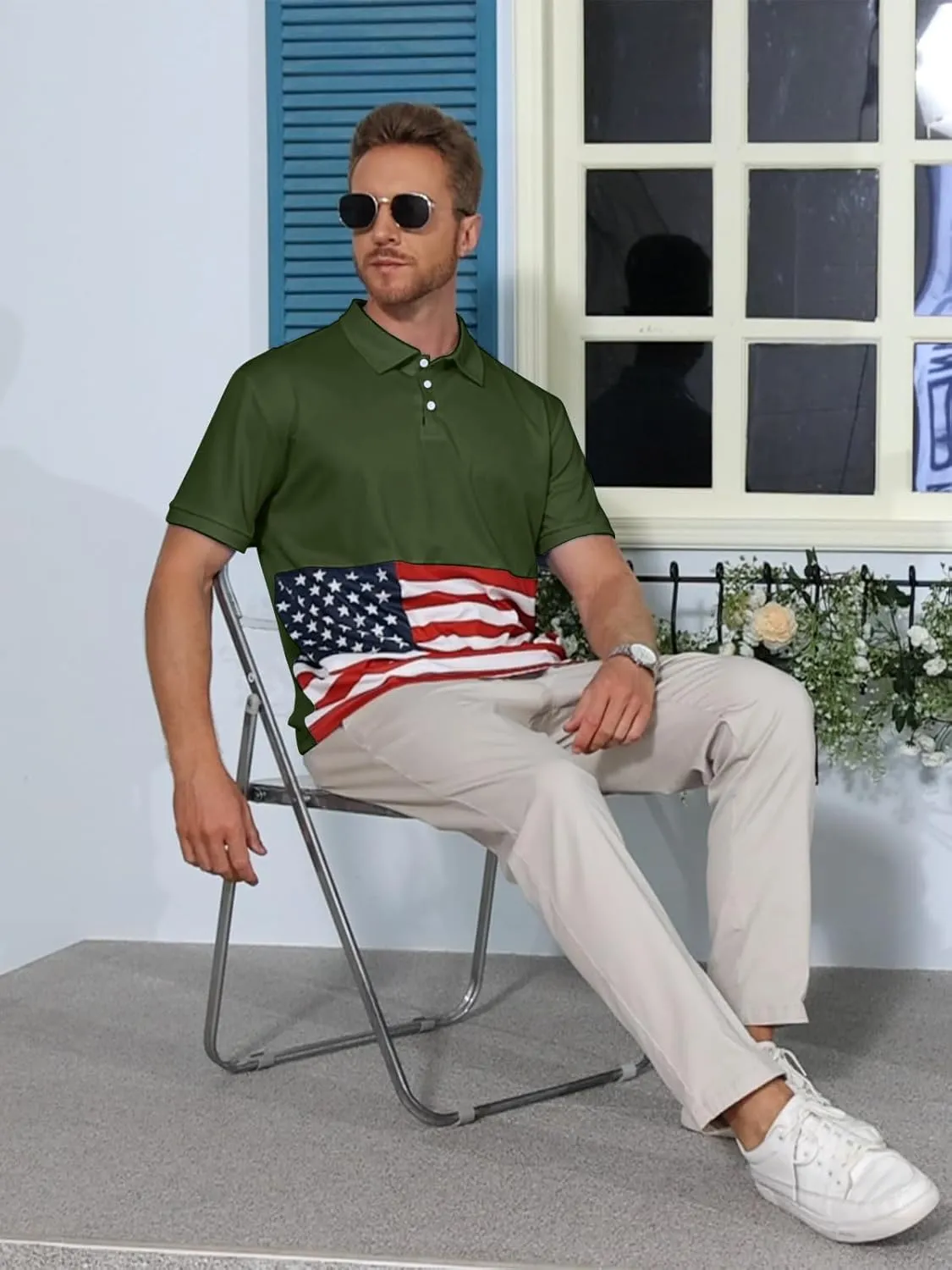 Men's Polo Shirts 2 Pack Print American Flag Short Sleeve Performance Golf Shirts Moisture Wicking Work Shirts