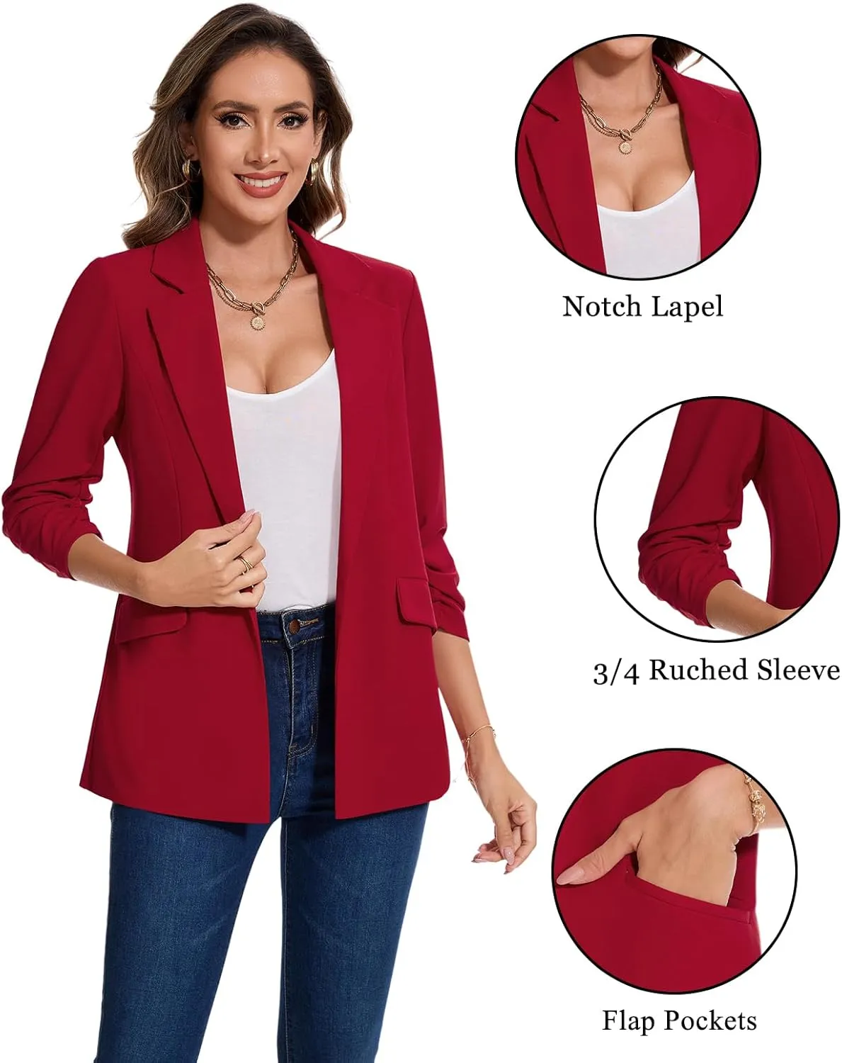 MINTLIMIT Blazer for Women Open Front 3/4 Ruched Sleeve Suit Jacket Notched Collar Casual Work Office Blazers with Pockets