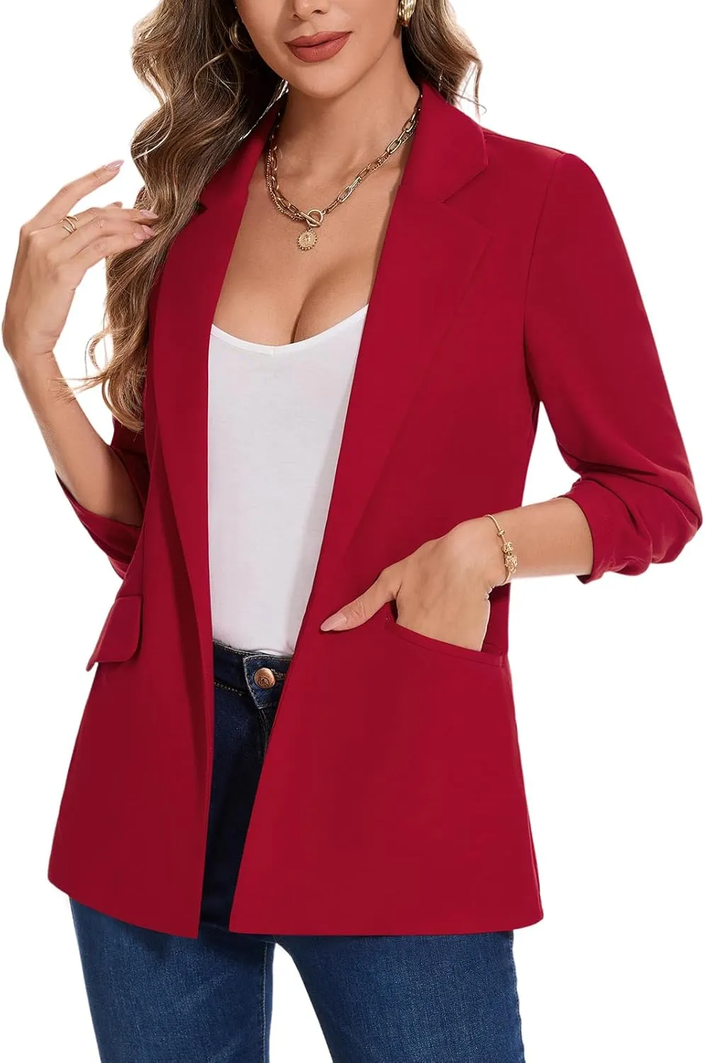 MINTLIMIT Blazer for Women Open Front 3/4 Ruched Sleeve Suit Jacket Notched Collar Casual Work Office Blazers with Pockets