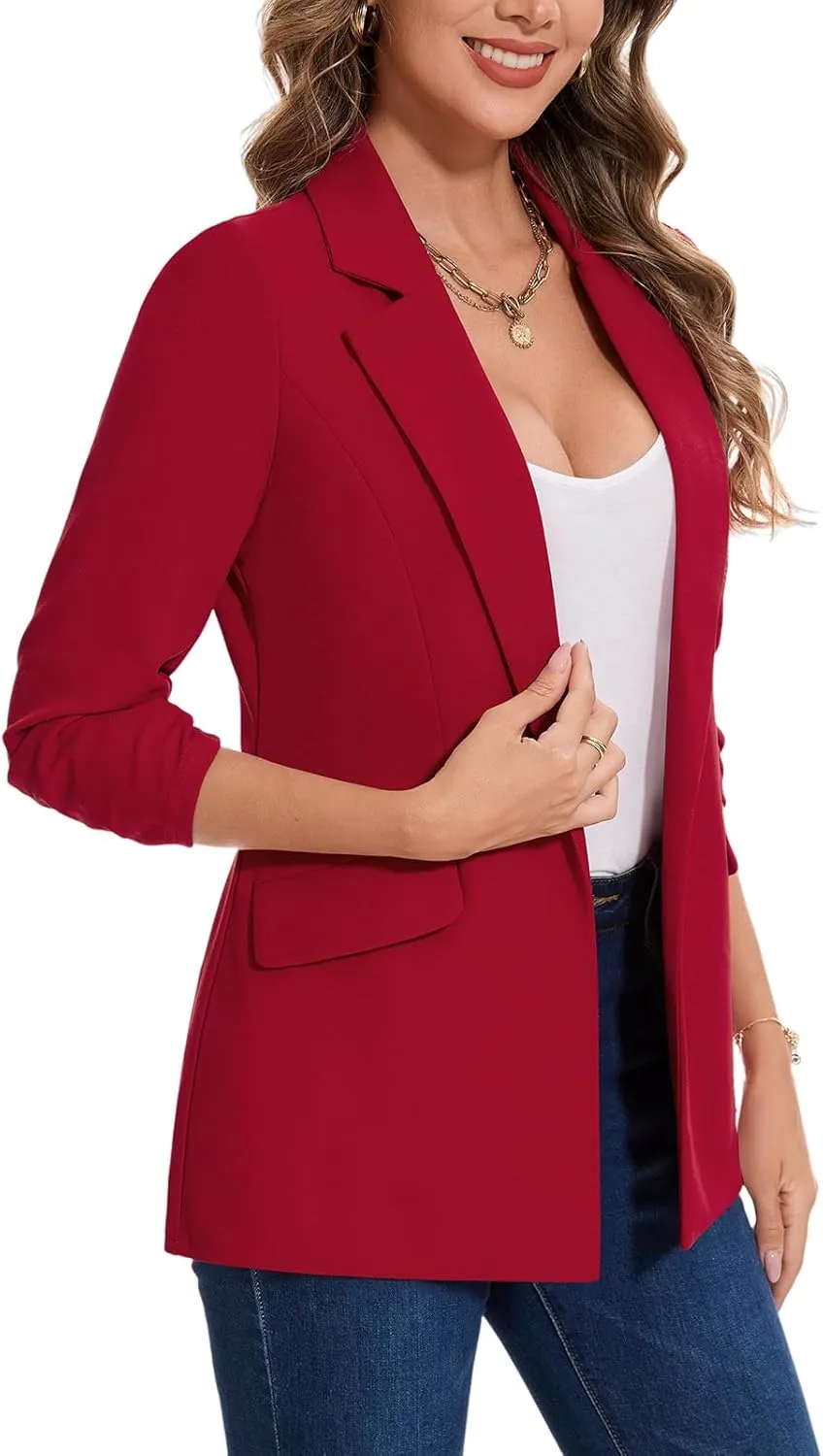 MINTLIMIT Blazer for Women Open Front 3/4 Ruched Sleeve Suit Jacket Notched Collar Casual Work Office Blazers with Pockets