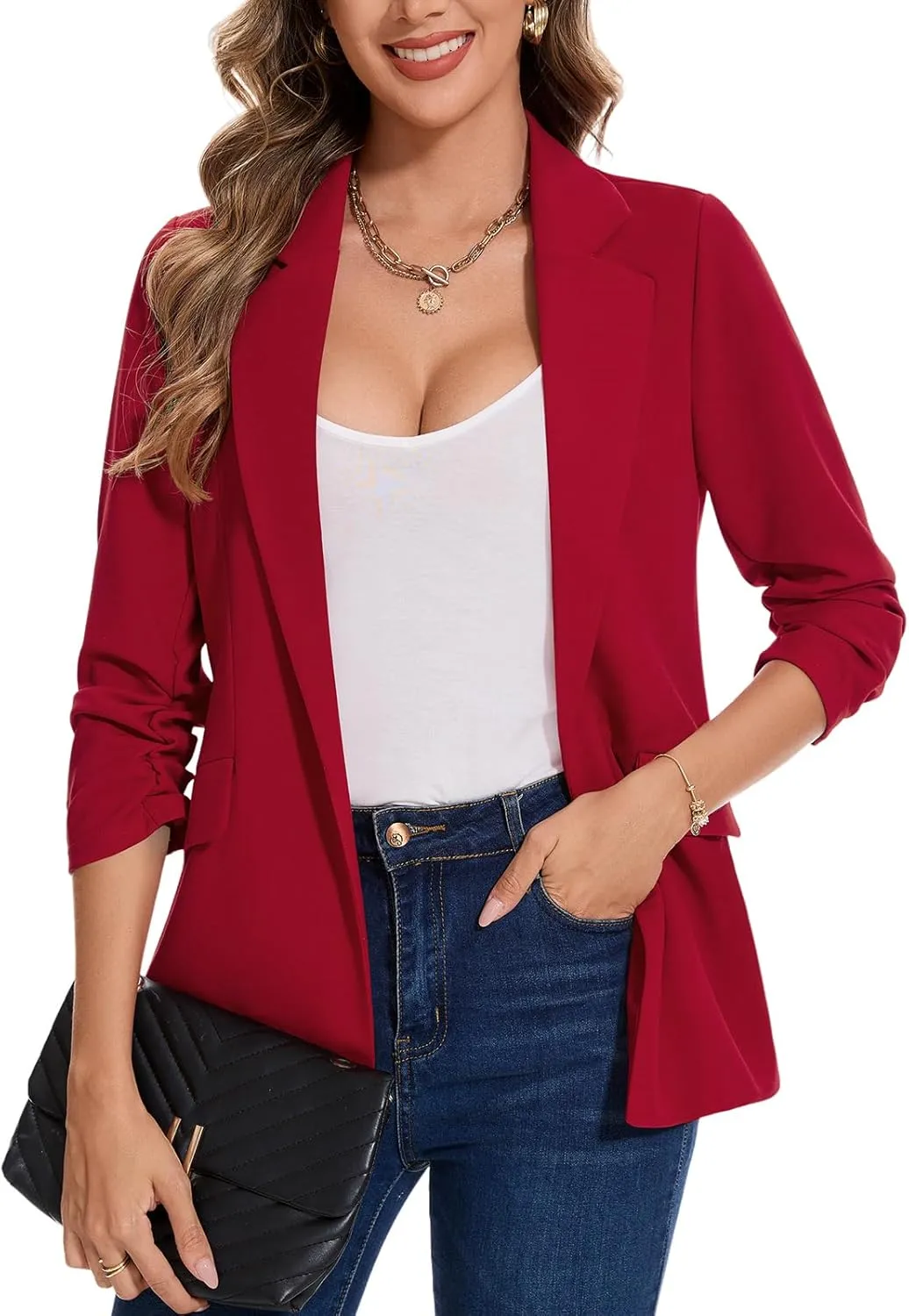 MINTLIMIT Blazer for Women Open Front 3/4 Ruched Sleeve Suit Jacket Notched Collar Casual Work Office Blazers with Pockets