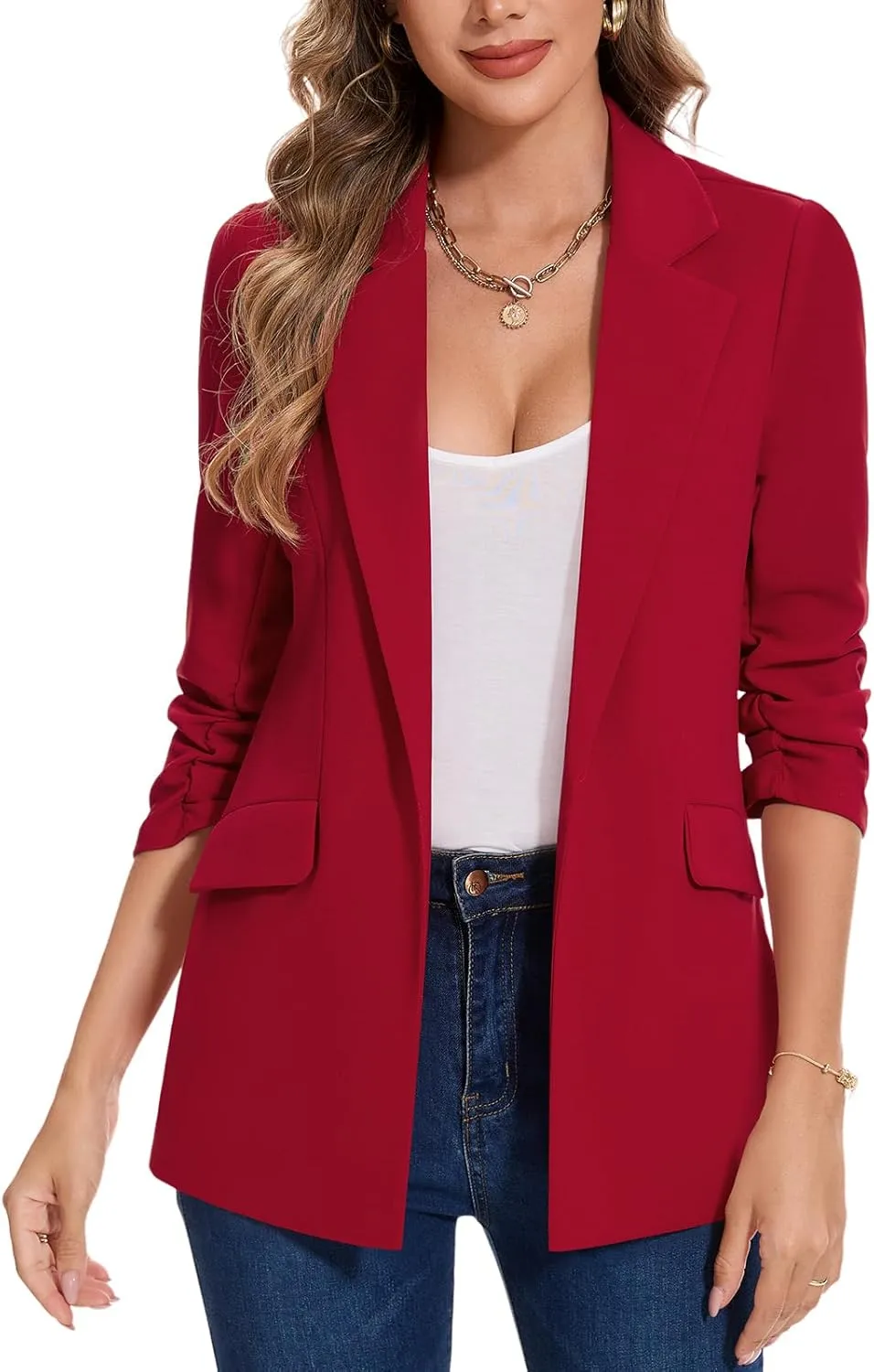 MINTLIMIT Blazer for Women Open Front 3/4 Ruched Sleeve Suit Jacket Notched Collar Casual Work Office Blazers with Pockets