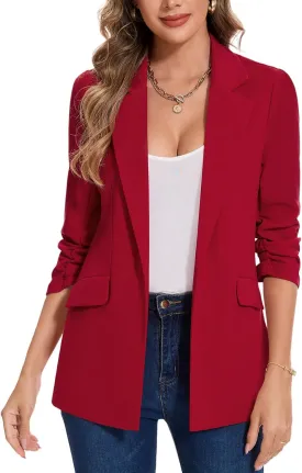 MINTLIMIT Blazer for Women Open Front 3/4 Ruched Sleeve Suit Jacket Notched Collar Casual Work Office Blazers with Pockets