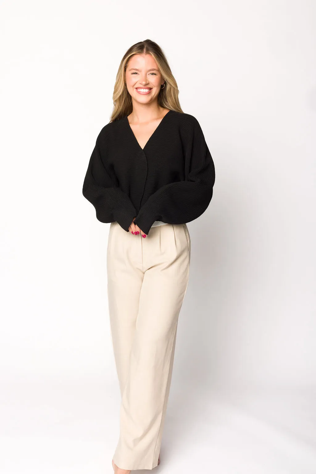 Mira V-Neck Ribbed Knit Cardigan in Black