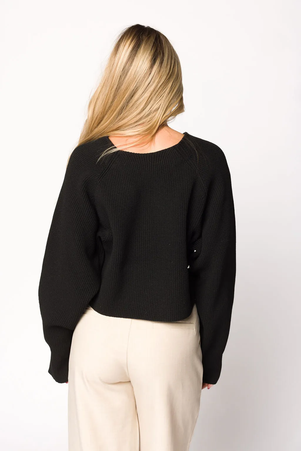 Mira V-Neck Ribbed Knit Cardigan in Black