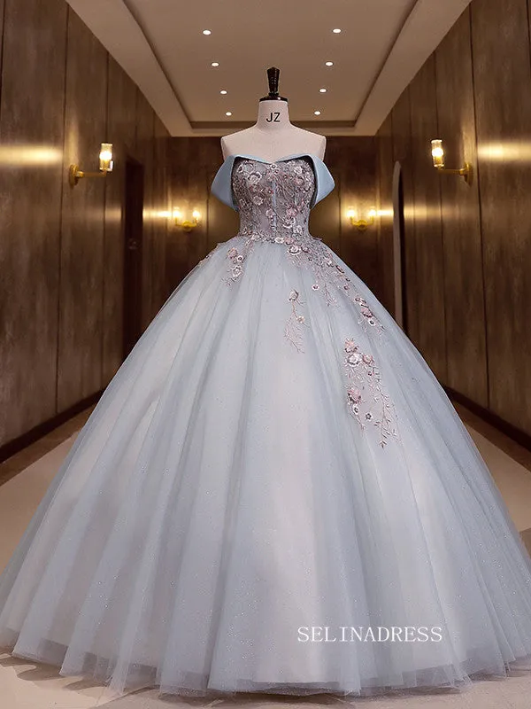 Off-the-Shoulder Ball Gown Prom Dress Applique Princess Formal Dress Evening Dress #QWE045