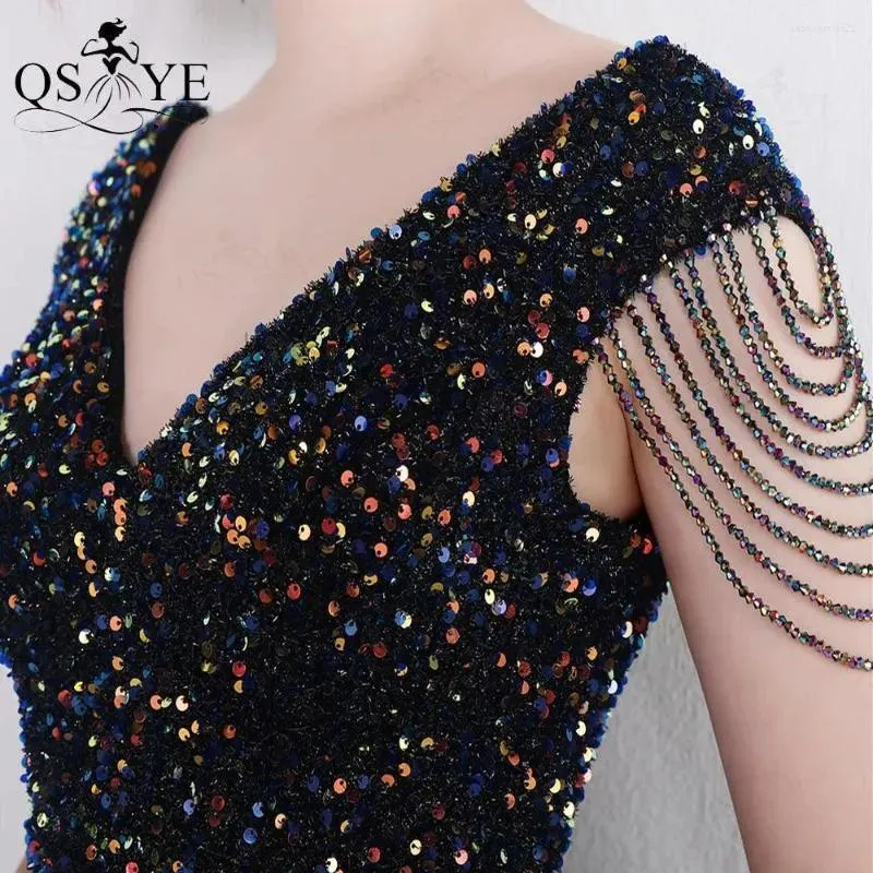 Party Dresses Colorful Black Sequin Prom Open Split Evening Gown Beading Straps Sleeves Backless Women V Neck Formal Dress Chic
