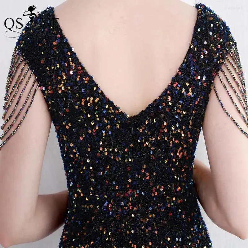 Party Dresses Colorful Black Sequin Prom Open Split Evening Gown Beading Straps Sleeves Backless Women V Neck Formal Dress Chic