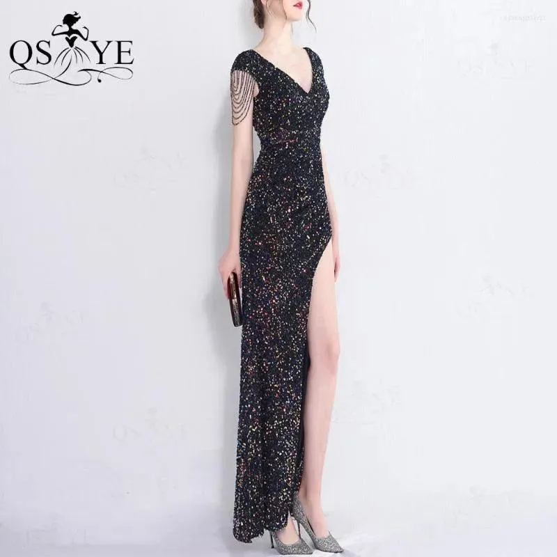 Party Dresses Colorful Black Sequin Prom Open Split Evening Gown Beading Straps Sleeves Backless Women V Neck Formal Dress Chic