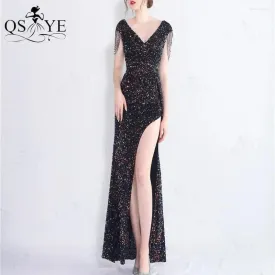 Party Dresses Colorful Black Sequin Prom Open Split Evening Gown Beading Straps Sleeves Backless Women V Neck Formal Dress Chic
